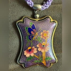 Vintage Purple Cloisanne rectangular 2 sided Butterfly & Floral Pendant Necklace